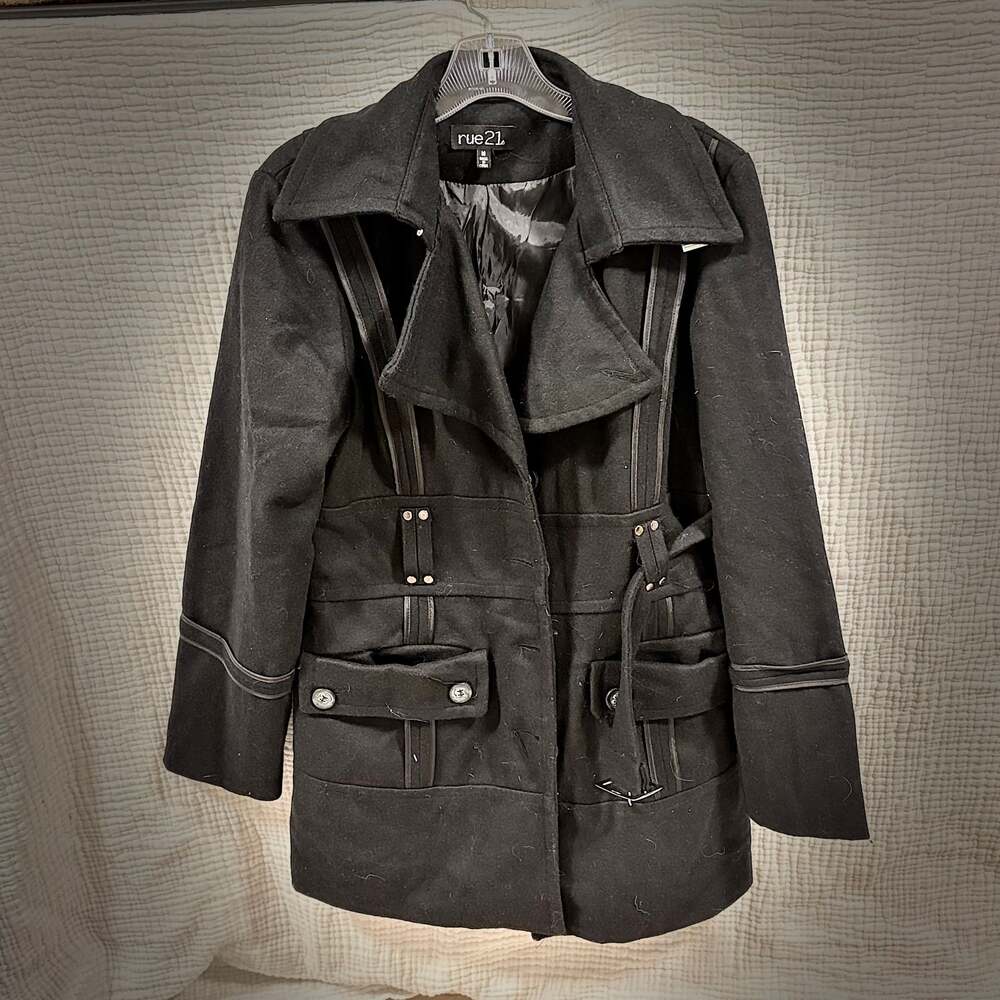 rue21 Black Asymmetrical Belted Wool Mix Moto Trench Coat